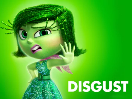 Animated character Disgust from the movie Inside Out stands with a playful expression against a vibrant green background. The word DISGUST is prominently displayed.