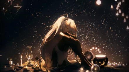 HD desktop wallpaper of Hatsune Miku from Vocaloid in a dark, mysterious setting with a mix of light and dark elements, creating a captivating and magical atmosphere.