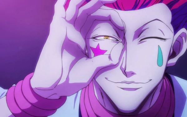 HD desktop wallpaper featuring Hisoka from Hunter × Hunter, smiling with one eye closed, framed with his hand. The image captures the vibrant, detailed anime art style.