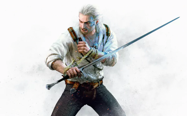 HD desktop wallpaper featuring Geralt of Rivia from the video game The Witcher 3: Wild Hunt, depicted in a battle-ready stance, holding a sword against a misty, white background.
