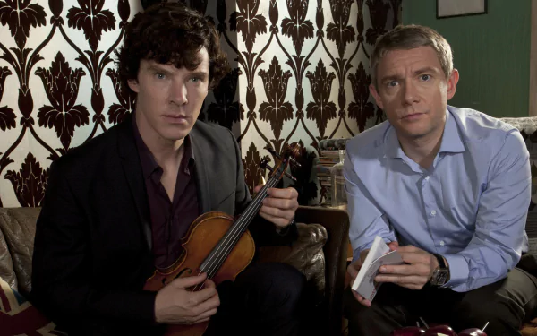 A high-definition desktop wallpaper featuring characters from the TV show Sherlock, showcasing the iconic detectives in a cozy setting, with one holding a violin and the other a notepad.