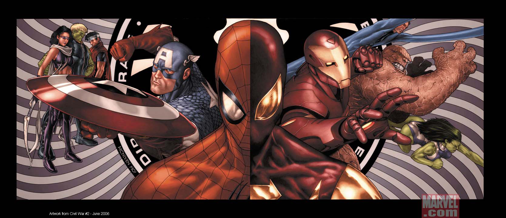 Marvel superheroes in action: Iron Man, Captain America, Thing, and Spider-Man, united in a fantastic desktop wallpaper.