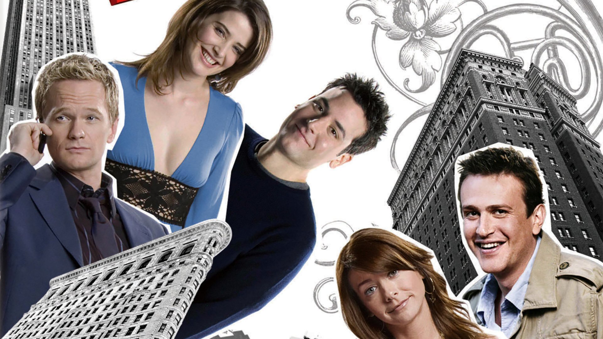 HD desktop wallpaper featuring How I Met Your Mother characters Ted, Robin, Lily, Marshall and Barney posed against a stylized cityscape with decorative floral accents.