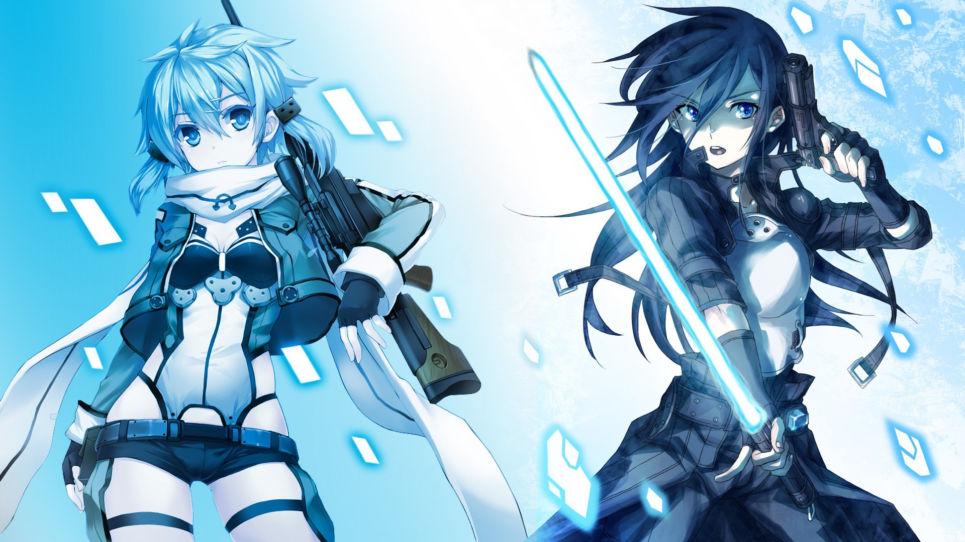 HD wallpaper featuring Sinon and Kirito from Sword Art Online II, showcasing their distinctive outfits and weapons against a dynamic blue background.