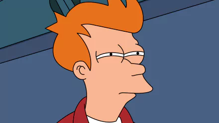 HD PC desktop wallpaper of Fry (Futurama) squinting skeptically against a bluish interior background.