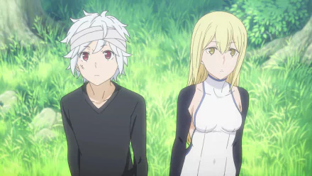 Bell Cranel and Aiz Wallenstein stand together in a vibrant green setting. This HD anime wallpaper captures characters from Is It Wrong to Try to Pick Up Girls in a Dungeon?
