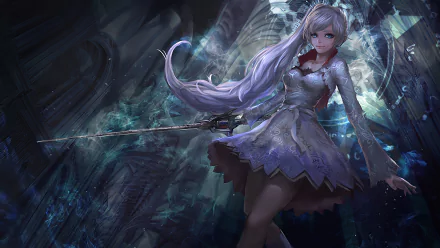 HD desktop wallpaper of Weiss Schnee from RWBY, featuring her with long hair in a ponytail and blue eyes, elegantly posing with a sword in an ethereal, dark background.