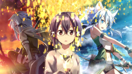 A vibrant HD desktop wallpaper featuring Sinon from Sword Art Online II, set against a backdrop of dynamic colors and digital effects, capturing the essence of the anime.
