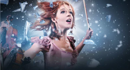 HD PC desktop wallpaper featuring musician Lindsey Stirling playing violin amidst dynamic shards and glowing effects.