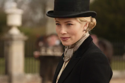 Period-costumed actress in a bowler hat and tailored coat, cinematic movie still — 2K Quad HD PC desktop wallpaper/background.