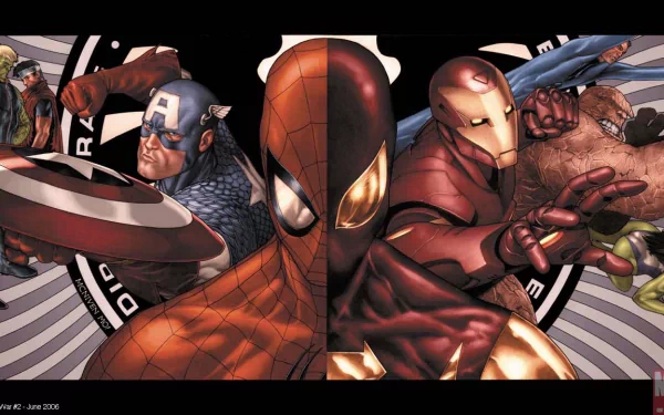 A dynamic Marvel Comics wallpaper featuring Spider-Man, Captain America, Iron Man, and the Thing, set against a colorful Civil War backdrop, showcasing iconic superhero battles.