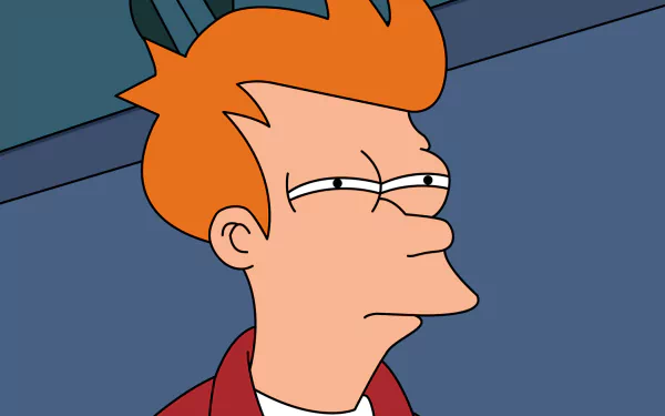 HD PC desktop wallpaper of Fry (Futurama) squinting skeptically against a bluish interior background.