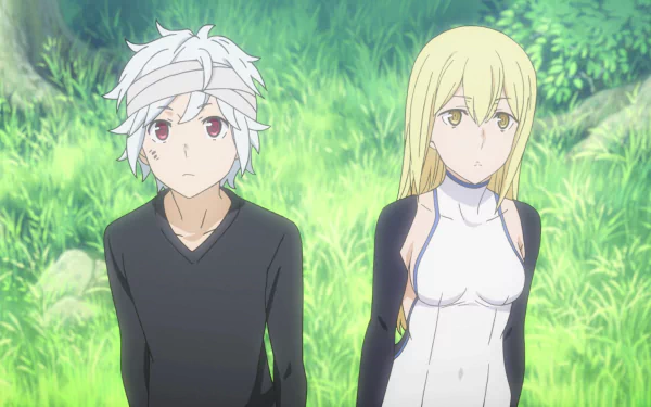 Bell Cranel and Aiz Wallenstein stand together in a vibrant green setting. This HD anime wallpaper captures characters from Is It Wrong to Try to Pick Up Girls in a Dungeon?