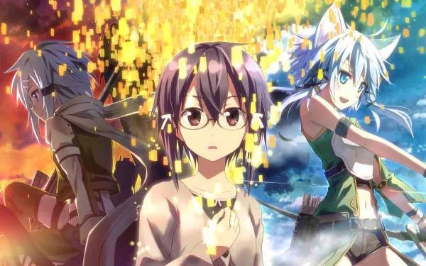 A vibrant HD desktop wallpaper featuring Sinon from Sword Art Online II, set against a backdrop of dynamic colors and digital effects, capturing the essence of the anime.