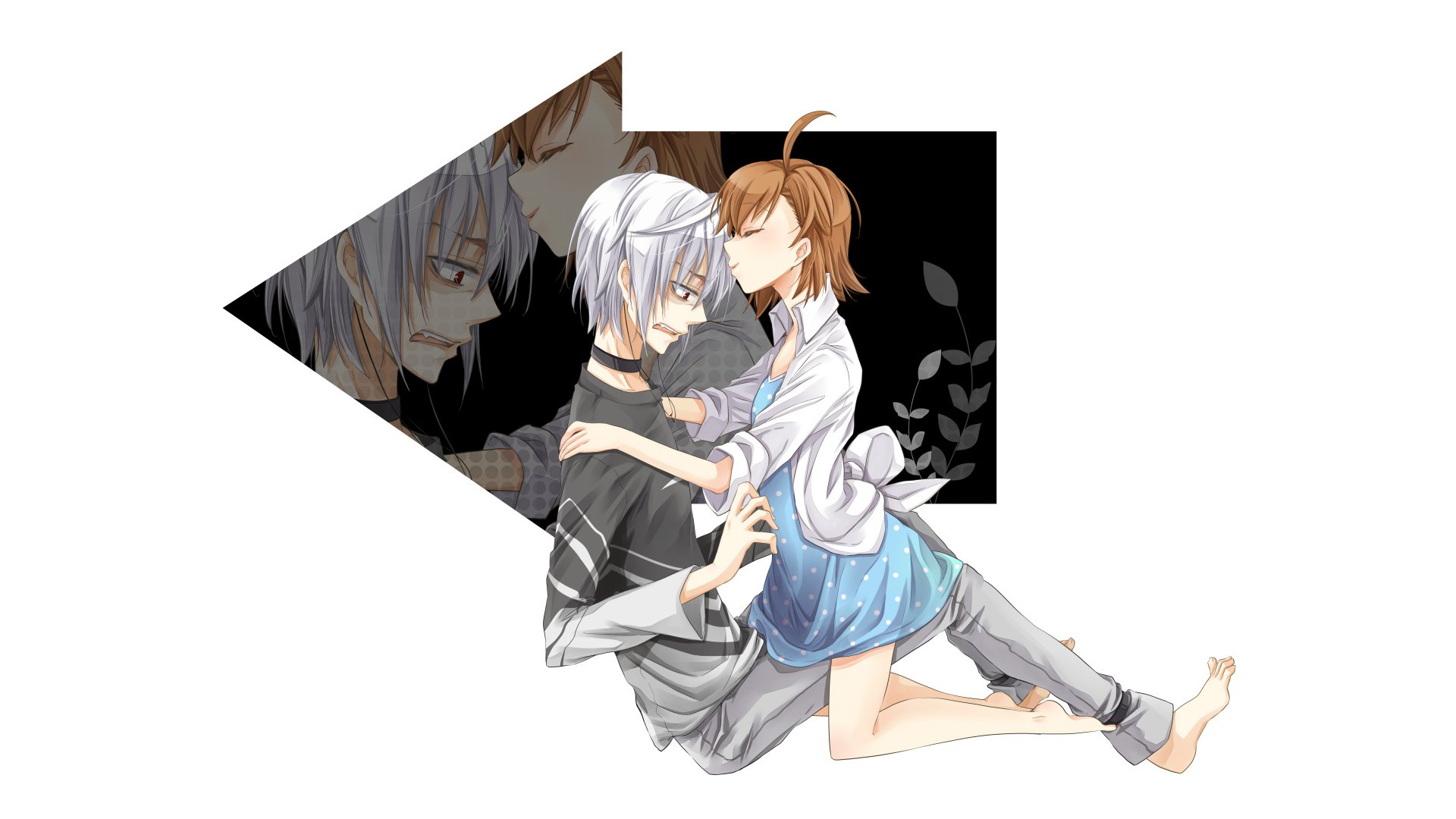 HD PC desktop wallpaper: Accelerator and Last Order (A Certain Magical Index / A Certain Scientific Railgun), anime artwork of Accelerator gently cradling Last Order against a stylized geometric black background.