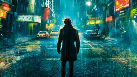 HD desktop wallpaper and background depicting Rorschach from the movie Watchmen, standing in a rainy, neon-lit city street at night.