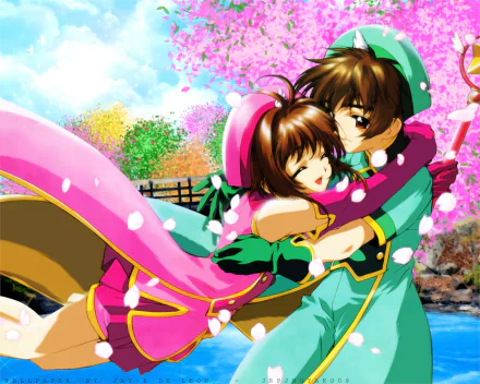 A vibrant HD wallpaper featuring characters from Cardcaptor Sakura, surrounded by blooming cherry blossoms, capturing a joyful embrace in a magical setting.