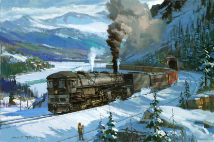 A Southern Pacific Cab Forward steam train navigates a snowy mountain pass, emitting smoke as it travels alongside a serene lake and forested landscapes, creating a striking winter scene.