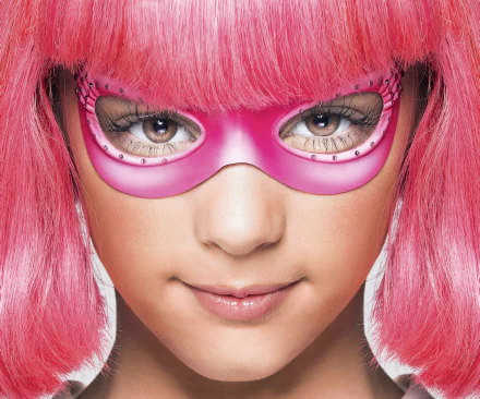HD PC desktop wallpaper and background from the TV show LazyTown: close-up of a pink-haired character wearing a pink eye mask, bright eyes and a subtle smile.