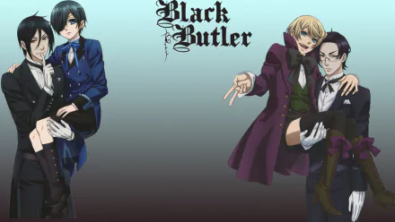 A dynamic HD wallpaper featuring Ciel Phantomhive and Sebastian Michaelis alongside Alois Trancy and Claude Faustus from the anime *Black Butler*.
