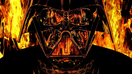 Darth Vader's iconic mask looms against a backdrop of fiery flames, creating a striking Sci-Fi ambiance. This HD wallpaper represents a powerful symbol from Star Wars.