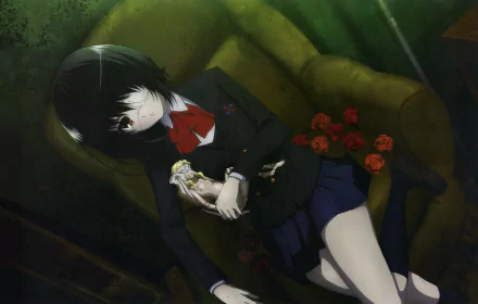 An HD desktop wallpaper features Mei Misaki from the anime Another. She lies on an armchair, with short black hair, red eyes, an eye patch, and wearing a uniform with a bow and skirt, surrounded by red roses.
