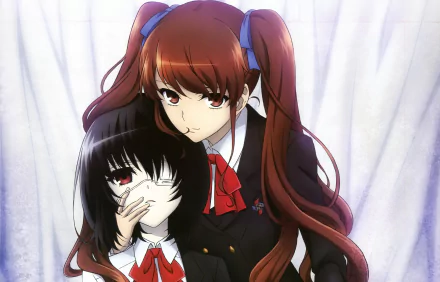 Izumi Akazawa and Mei Misaki from the anime Another are featured in this HD wallpaper, showcasing their striking red and brown eyes, with distinctive hairstyles and a hint of mystery.