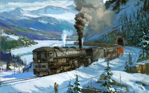 A Southern Pacific Cab Forward steam train navigates a snowy mountain pass, emitting smoke as it travels alongside a serene lake and forested landscapes, creating a striking winter scene.