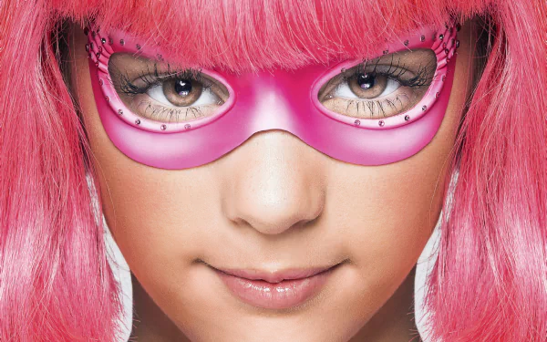 HD PC desktop wallpaper and background from the TV show LazyTown: close-up of a pink-haired character wearing a pink eye mask, bright eyes and a subtle smile.