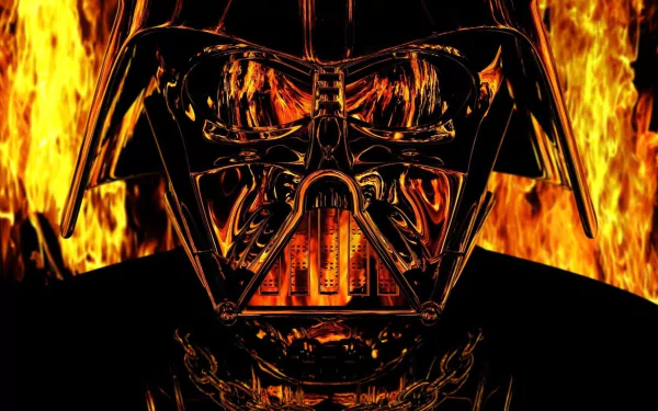 Darth Vader's iconic mask looms against a backdrop of fiery flames, creating a striking Sci-Fi ambiance. This HD wallpaper represents a powerful symbol from Star Wars.