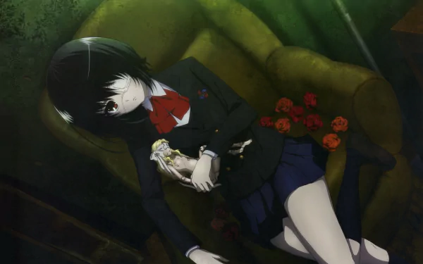 An HD desktop wallpaper features Mei Misaki from the anime Another. She lies on an armchair, with short black hair, red eyes, an eye patch, and wearing a uniform with a bow and skirt, surrounded by red roses.