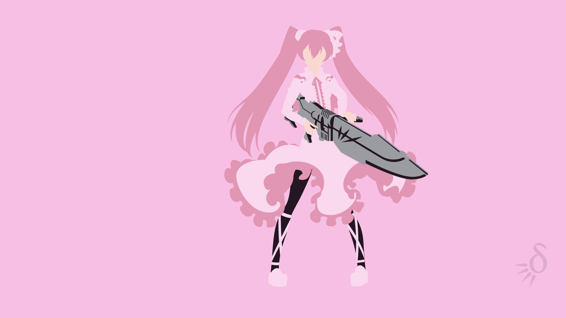 A minimalist HD wallpaper featuring Mine from Akame ga Kill! in a pink dress and pantyhose, wielding a weapon, with long pink twintails against a soft pink background.