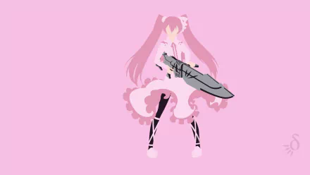 A minimalist HD wallpaper featuring Mine from Akame ga Kill! in a pink dress and pantyhose, wielding a weapon, with long pink twintails against a soft pink background.