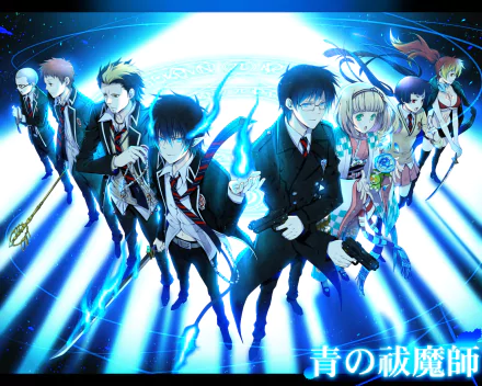 HD desktop wallpaper featuring characters Izumo Kamiki, Shura Kirigakure, Shiemi Moriyama, Yukio Okumura, Rin Okumura, Ryuji Suguro, Renzo Shima, and Konekomaru Miwa from the anime Blue Exorcist.