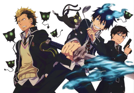 HD desktop wallpaper featuring Ryuji Suguro, Yukio Okumura, and Rin Okumura from the anime Blue Exorcist, with each character striking a dynamic pose alongside dark creature silhouettes.