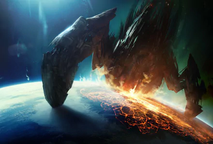 A stunning HD wallpaper depicting a dramatic scene from Mass Effect 3, featuring a massive alien ship looming over a planet with fiery destruction below.