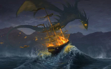 A dramatic fantasy scene depicting a massive dragon looming over a burning ship amidst tumultuous waves, set against a dark, moody backdrop. HD desktop wallpaper.
