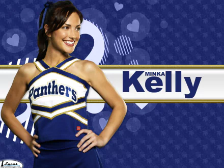 A vibrant HD desktop wallpaper featuring Minka Kelly in a cheerleader outfit, showcasing her smile against a blue background with playful patterns and the text Minka Kelly.