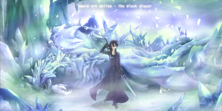 HD desktop wallpaper of Kazuto Kirigaya (Kirito) from Sword Art Online, standing before a dragon in an icy, fantastical setting with the text Sword Art Online - The Black Slayer at the top.