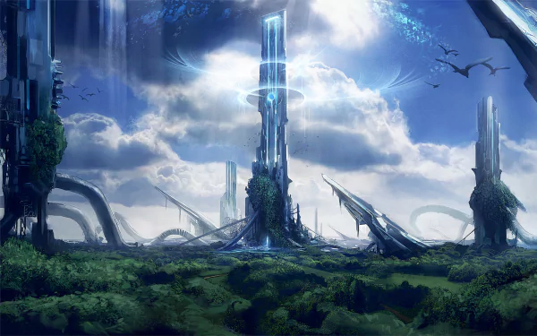HD PC desktop wallpaper from the video game Etrian Odyssey Untold: The Millennium Girl, featuring towering futuristic structures under a cloudy sky with flying creatures.