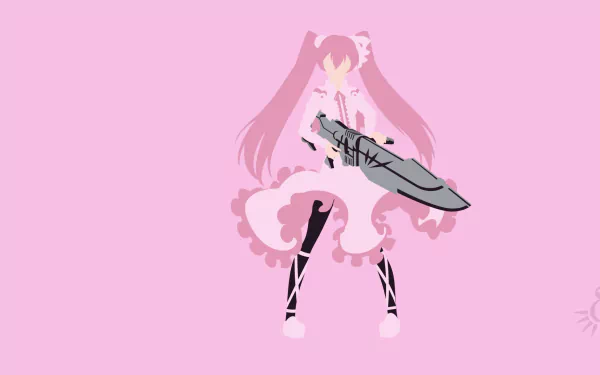 A minimalist HD wallpaper featuring Mine from Akame ga Kill! in a pink dress and pantyhose, wielding a weapon, with long pink twintails against a soft pink background.