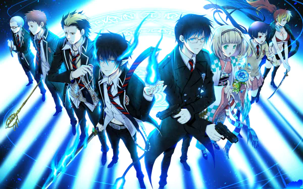 HD desktop wallpaper featuring characters Izumo Kamiki, Shura Kirigakure, Shiemi Moriyama, Yukio Okumura, Rin Okumura, Ryuji Suguro, Renzo Shima, and Konekomaru Miwa from the anime Blue Exorcist.