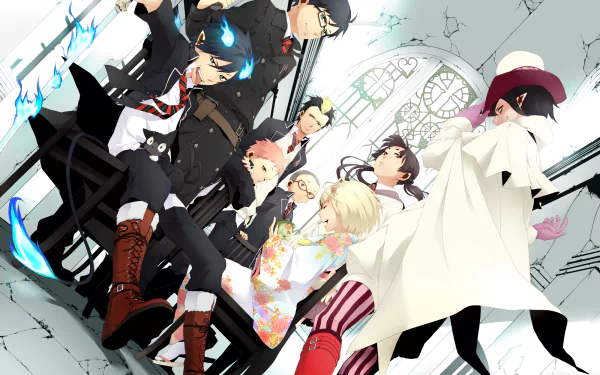 A vibrant HD wallpaper featuring characters from Blue Exorcist, including Izumo Kamiki, Mephisto Pheles, Shiemi Moriyama, Rin Okumura, and others in an action-packed scene.