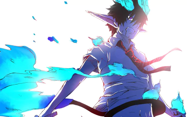 A dynamic HD wallpaper featuring Rin Okumura from Blue Exorcist, showcasing his pointed ears and powerful Kurikara sword amidst swirling blue flames.