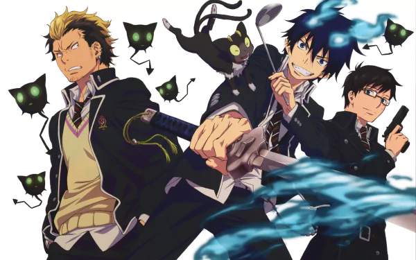 HD desktop wallpaper featuring Ryuji Suguro, Yukio Okumura, and Rin Okumura from the anime Blue Exorcist, with each character striking a dynamic pose alongside dark creature silhouettes.