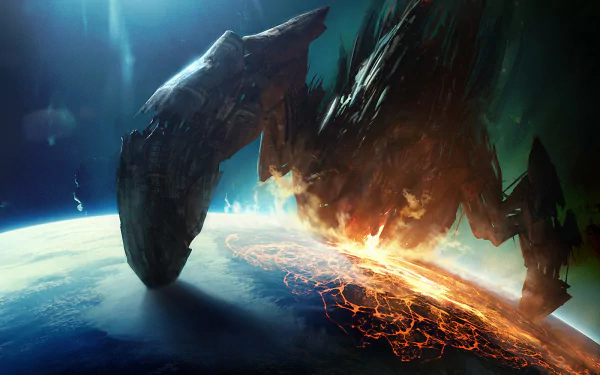 A stunning HD wallpaper depicting a dramatic scene from Mass Effect 3, featuring a massive alien ship looming over a planet with fiery destruction below.