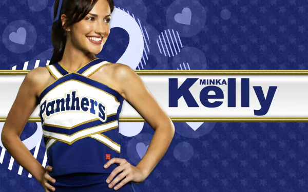 A vibrant HD desktop wallpaper featuring Minka Kelly in a cheerleader outfit, showcasing her smile against a blue background with playful patterns and the text Minka Kelly.