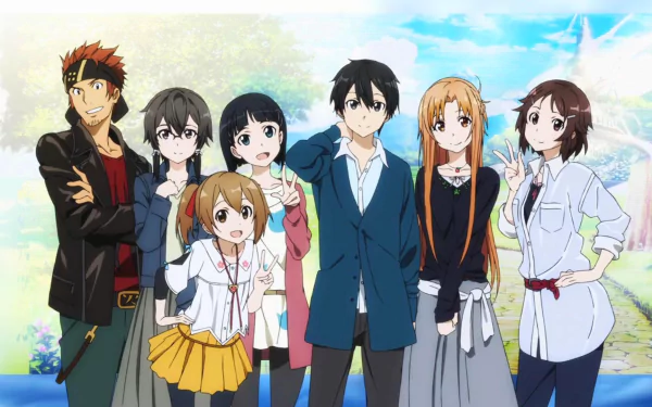 A vibrant HD wallpaper featuring characters from Sword Art Online II, including Lisbeth, Asuna, Kirito, Suguha, Silica, Sinon, and Klein, set against a colorful background.
