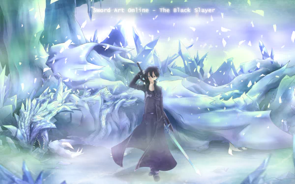 HD desktop wallpaper of Kazuto Kirigaya (Kirito) from Sword Art Online, standing before a dragon in an icy, fantastical setting with the text Sword Art Online - The Black Slayer at the top.