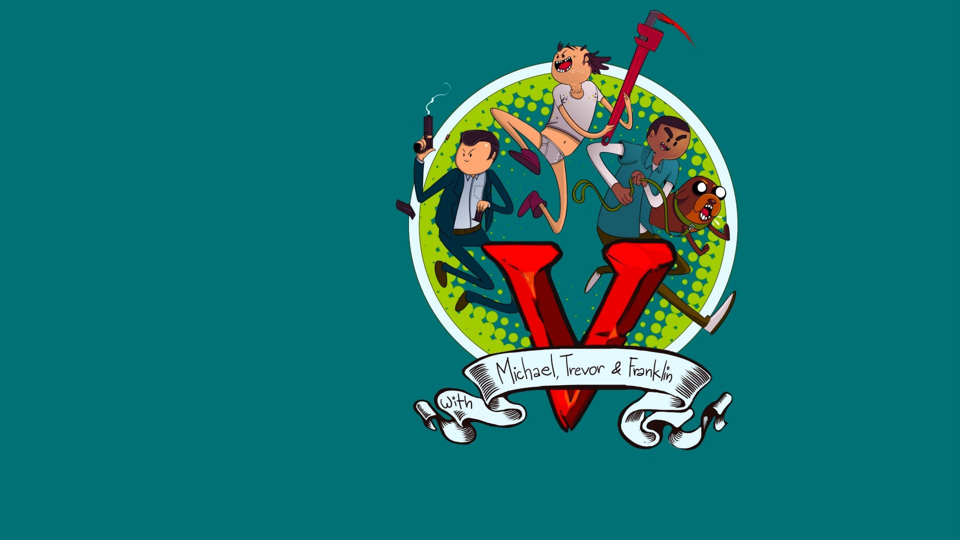 A vibrant 4K Ultra HD wallpaper featuring characters from Grand Theft Auto V, showcasing action and humor with a playful design centered around the game's distinctive logo.